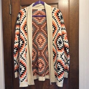 Tribal Patterned Open Front Cardigan Sweater